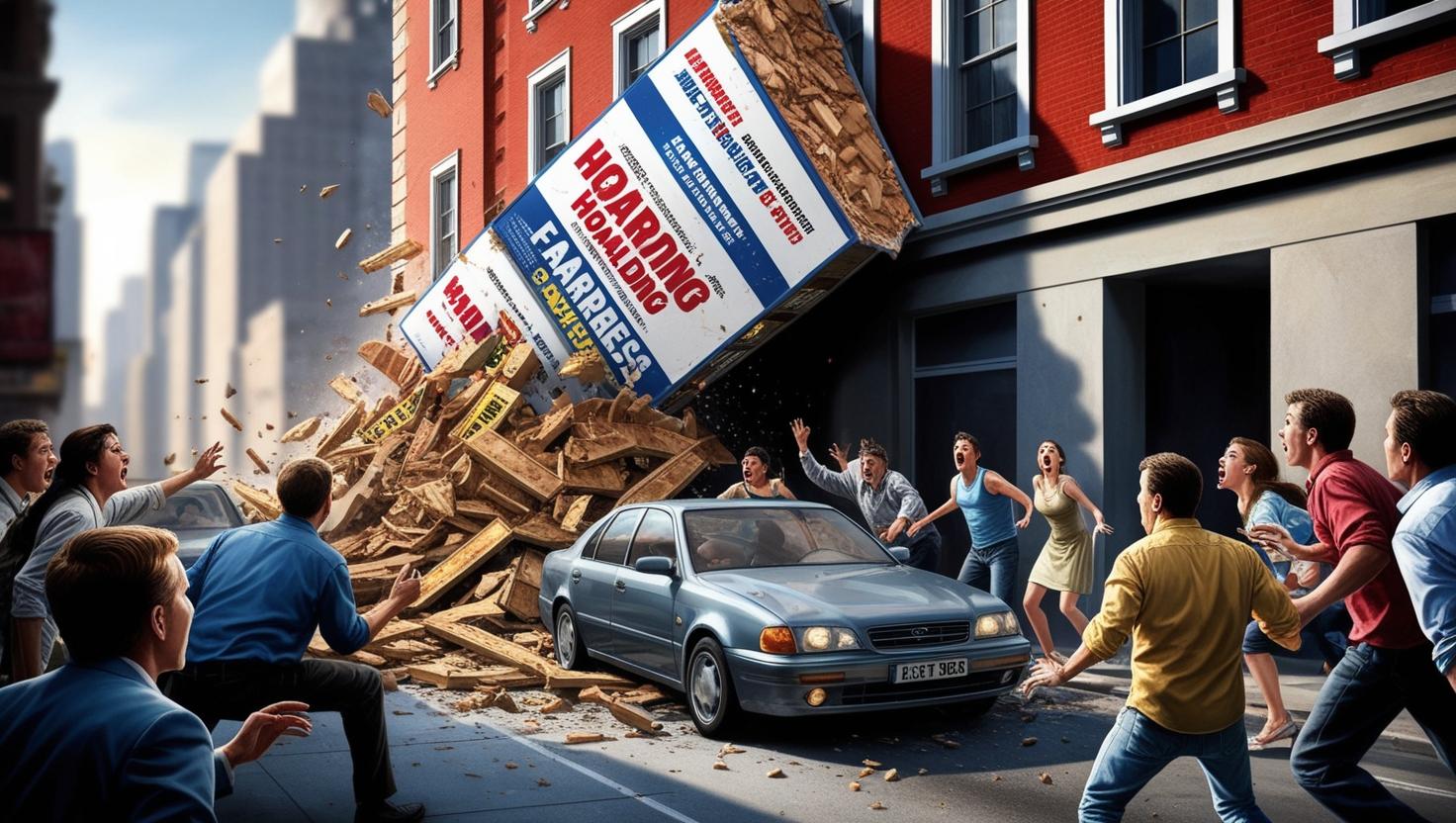 hoarding falling from the wall of city on a car and car people are in panic condition