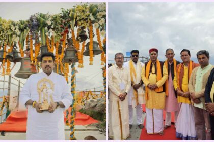 Kartik Swami Temple: Devotees welcoming divine Murugan idol from Tamil Nadu at Kartik Swami Temple in Rudraprayag Uttarakhand showcasing North and South Indian spiritual unity.