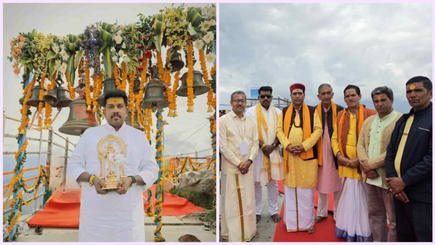 Kartik Swami Temple: Devotees welcoming divine Murugan idol from Tamil Nadu at Kartik Swami Temple in Rudraprayag Uttarakhand showcasing North and South Indian spiritual unity.
