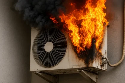 AC Fire Safety: Burnt air conditioner outdoor unit after electrical short circuit, highlighting AC fire safety risks during extreme summer heat in India.