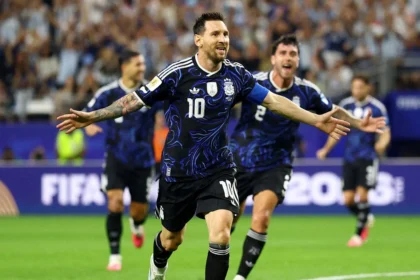 Lionel Messi celebrates after scoring during the Argentina vs Jordan FIFA World Cup match as Argentina secured a comfortable victory.