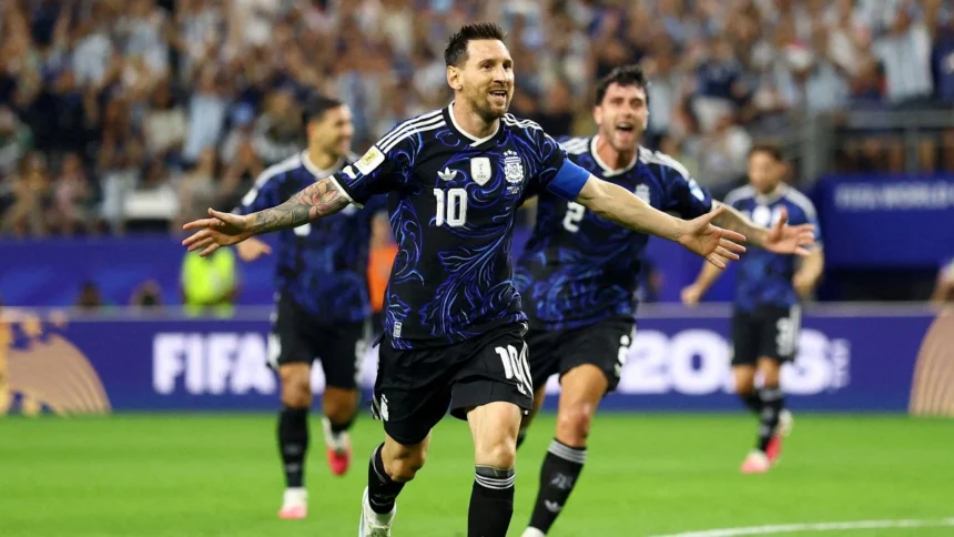 Lionel Messi celebrates after scoring during the Argentina vs Jordan FIFA World Cup match as Argentina secured a comfortable victory.
