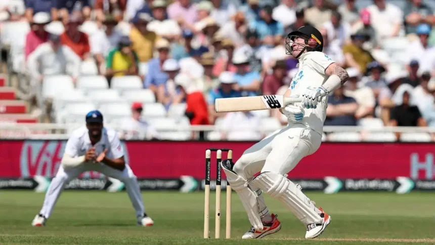 New Zealand fast bowler Blair Tickner leaves the field after a head injury as Concussion Substitute Jack Foulkes joins the playing XI during the 3rd Test against England.