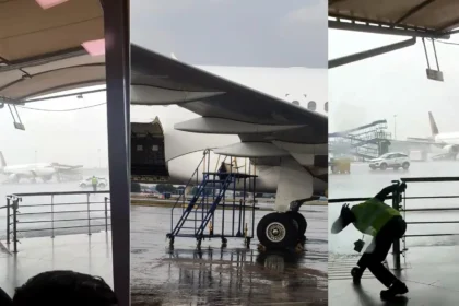 Delhi Airport Plane Damage: दिल्ली के इंदिरा गांधी इंटरनेशनल एयरपोर्ट (IGI Airport) के टर्मिनल-2 पर खड़े एयर इंडिया के तीन विमान तेज़ हवा और बारिश के दौरान ग्राउंड सपोर्ट उपकरणों की टक्कर से क्षतिग्रस्त हुए, घटना के बाद जांच करती तकनीकी टीम और एयरपोर्ट सुरक्षा कर्मचारी।