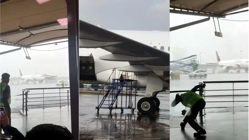 Delhi Airport Plane Damage: दिल्ली के इंदिरा गांधी इंटरनेशनल एयरपोर्ट (IGI Airport) के टर्मिनल-2 पर खड़े एयर इंडिया के तीन विमान तेज़ हवा और बारिश के दौरान ग्राउंड सपोर्ट उपकरणों की टक्कर से क्षतिग्रस्त हुए, घटना के बाद जांच करती तकनीकी टीम और एयरपोर्ट सुरक्षा कर्मचारी।