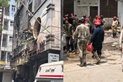 Delhi Hotel Fire Tragedy: Firefighters rescuing people during the Delhi Hotel Fire Tragedy in Malviya Nagar after a massive blaze engulfed the hotel building.