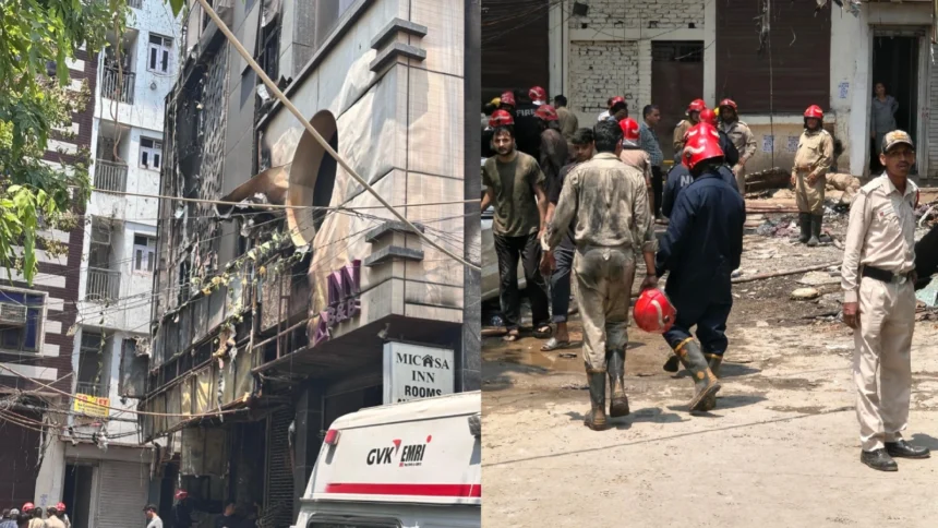Delhi Hotel Fire Tragedy: Firefighters rescuing people during the Delhi Hotel Fire Tragedy in Malviya Nagar after a massive blaze engulfed the hotel building.
