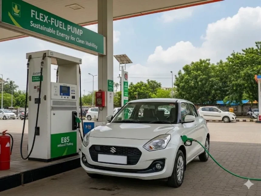 E85 fuel launch ethanol-blended fuel being introduced at an Indian fuel station as a cleaner and more affordable alternative