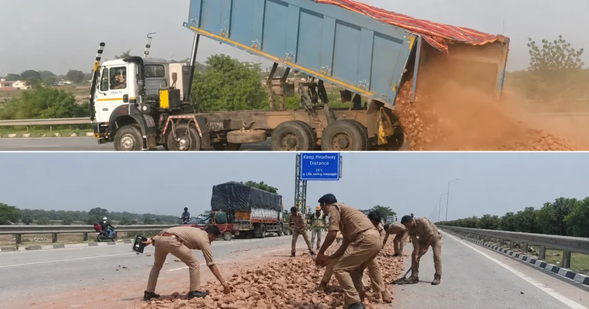 Eastern Peripheral Brick Spill: Police and JCB machine clearing bricks and stones from the Eastern Peripheral Expressway after an overloaded dumper caused a major road hazard near Greater Noida.
