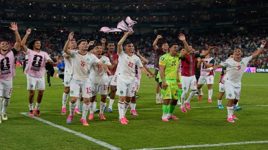 FIFA World Cup 2026: Morocco players celebrate after defeating the Netherlands in a dramatic FIFA World Cup 2026 Round of 32 penalty shootout.