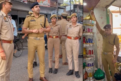 Firozabad Muharram Procession 2026: ASP Anuj Chaudhary measuring Tazia height before Firozabad Muharram Procession 2026 in Shikohabad.