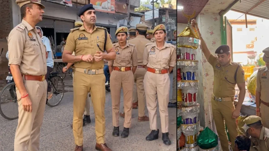 Firozabad Muharram Procession 2026: ASP Anuj Chaudhary measuring Tazia height before Firozabad Muharram Procession 2026 in Shikohabad.