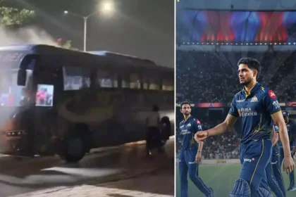 Gujarat Titans Bus Incident: Gujarat Titans players and support staff standing near their team bus after a smoke-related technical fault following the IPL 2026 final.
