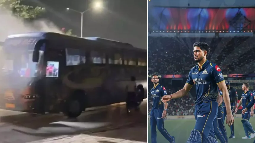 Gujarat Titans Bus Incident: Gujarat Titans players and support staff standing near their team bus after a smoke-related technical fault following the IPL 2026 final.