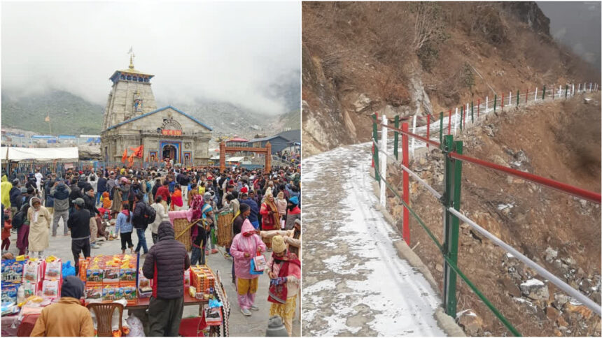 Kedarnath Yatra Safety Alert: Security personnel and warning barricades placed on the under-construction Bhimbali-Garudchatti route during the Kedarnath Yatra