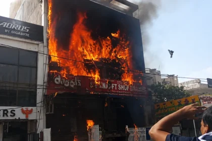 Lucknow Gaming Zone Fire: Firefighters conducting rescue operations after the Lucknow Gaming Zone Fire in Aliganj area