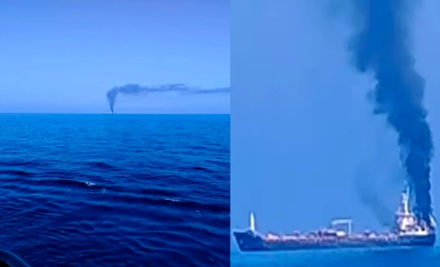 MT Jalveer Attack: Burning MT Jalveer ship near Oman coast after reported maritime attack