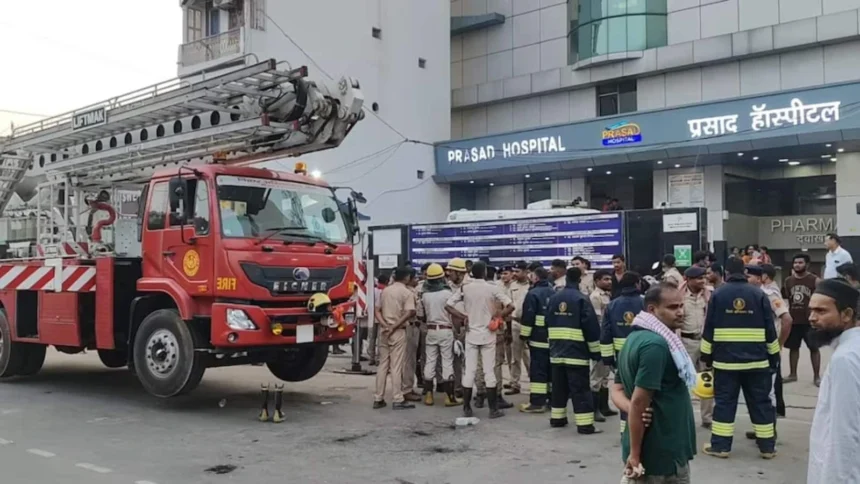 Muzaffarpur Hospital Fire: Firefighters conducting rescue operations after a massive ICU fire at Prasad Hospital in Muzaffarpur, Bihar.