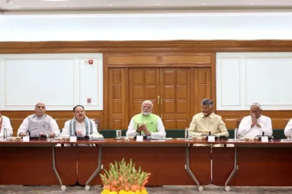 NDA Meeting 2026: PM Narendra Modi addressing NDA leaders at Bharat Mandapam during NDA Meeting 2026 in Delhi.
