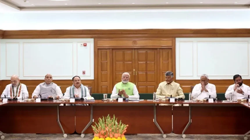 NDA Meeting 2026: PM Narendra Modi addressing NDA leaders at Bharat Mandapam during NDA Meeting 2026 in Delhi.