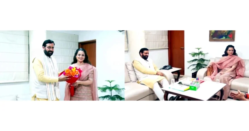 Kangana Ranaut Meets Nayab Saini: MP Kangana Ranaut meeting Haryana Chief Minister Nayab Singh Saini at Haryana Bhawan in New Delhi during a courtesy visit