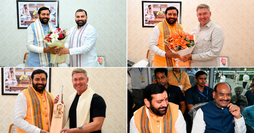 CM Nayab Singh Saini meets Manjinder Singh Sirsa, Michael Clarke, Om Birla and KVIC Chairman Manoj Kumar in Haryana.