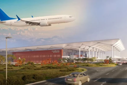 Noida International Airport terminal with passengers and commercial flights commencing operations from Jewar Airport in UP