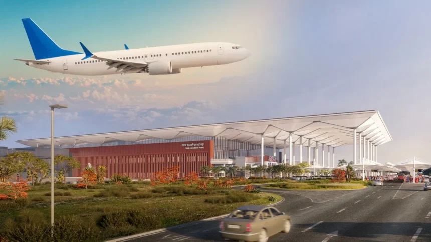 Noida International Airport terminal with passengers and commercial flights commencing operations from Jewar Airport in UP