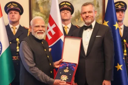 PM Modi Slovakia Highest Honor: PM Narendra Modi receiving Slovakia's highest state honor Order of the White Double Cross First Class in Bratislava