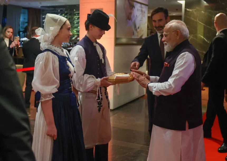PM Modi Slovakia Visit: PM Modi receiving traditional bread and salt welcome during PM Modi Slovakia Visit in Bratislava