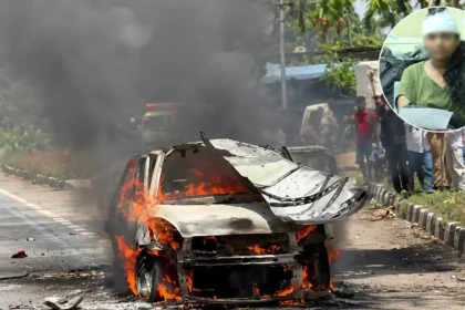Tumakuru Breakup Blast Case: Burnt car after the Tumakuru Breakup Blast Case on a highway in Karnataka.
