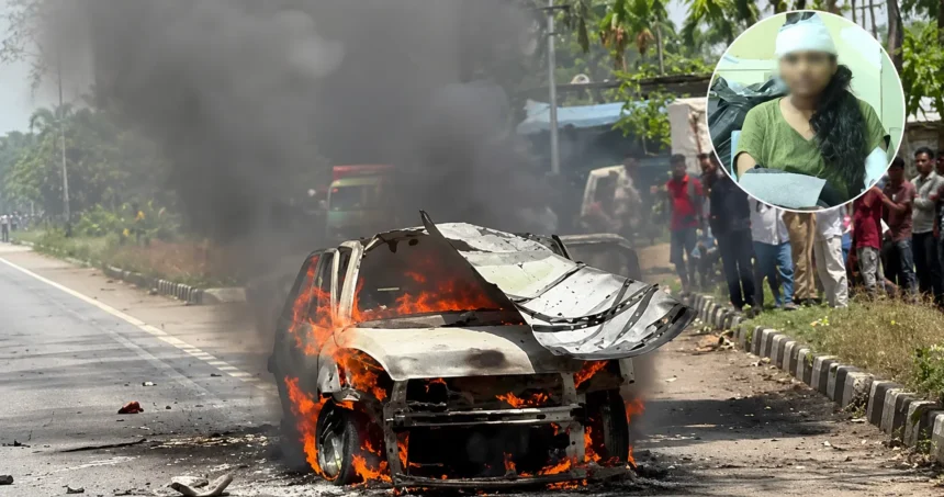 Tumakuru Breakup Blast Case: Burnt car after the Tumakuru Breakup Blast Case on a highway in Karnataka.