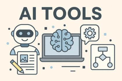 AI Tools: Illustration showing popular AI Tools including ChatGPT, Google Gemini, Claude, Perplexity AI, Grok, and Meta AI on a digital workspace.