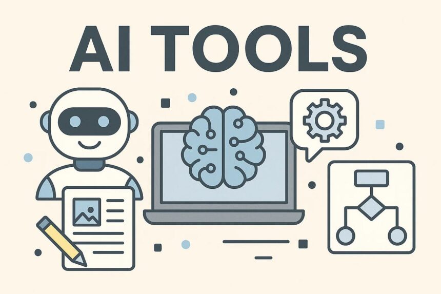 AI Tools: Illustration showing popular AI Tools including ChatGPT, Google Gemini, Claude, Perplexity AI, Grok, and Meta AI on a digital workspace.