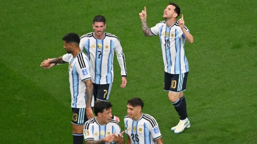 Lionel Messi Record Goal: Lionel Messi celebrates after scoring a record-breaking goal during Argentina's 2-0 victory over Austria in FIFA World Cup 2026.