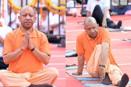 UP CM Yogi Adityanath participating in a mass yoga session during International Yoga Day 2026 celebrations in Jhansi.