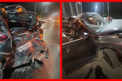 Haridwar Road Accident: Damaged car after a speeding dumper collision near Sarvanand Ghat in Haridwar, with police and emergency personnel at the accident site.