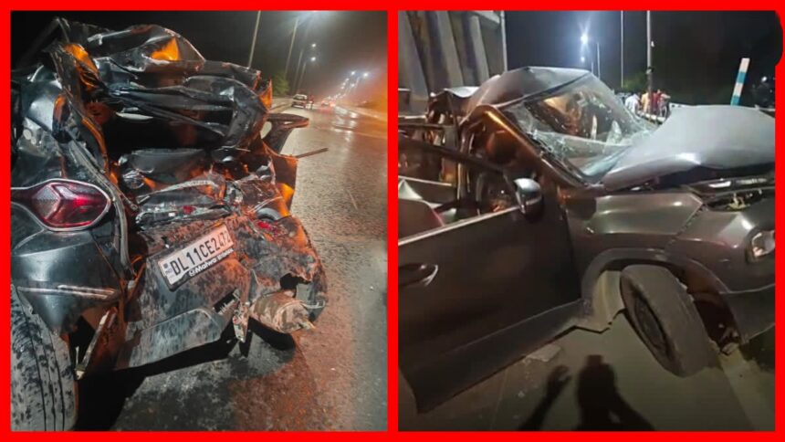 Haridwar Road Accident: Damaged car after a speeding dumper collision near Sarvanand Ghat in Haridwar, with police and emergency personnel at the accident site.