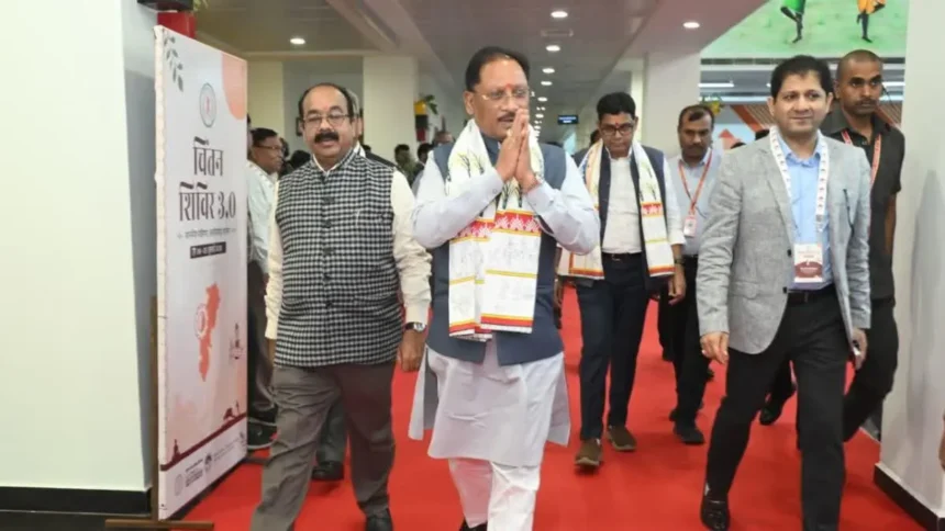 Chintan Shivir 3.0: Chhattisgarh CM Vishnu Deo Sai addressing delegates during Chintan Shivir 3.0 at IIM Raipur on governance reforms and digital administration.