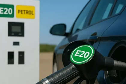 Ethanol Blending E-22 to E-30 Fuel policy update in India with petrol pump and fuel nozzle