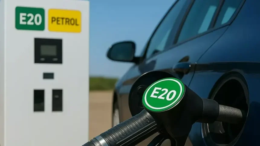 Ethanol Blending E-22 to E-30 Fuel policy update in India with petrol pump and fuel nozzle