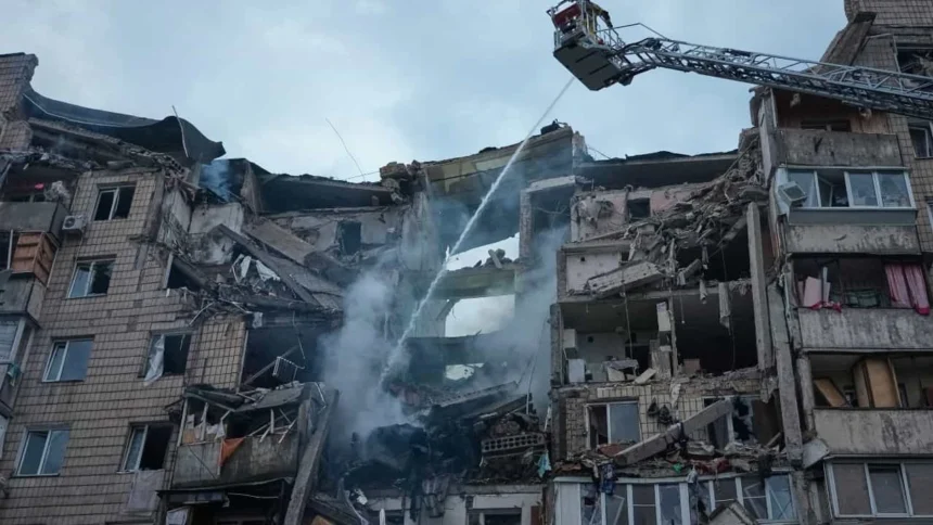 Russia Ukraine Missile Attack: Rescue teams work at a damaged residential building in Kyiv after the Russia Ukraine missile attack before the NATO Summit.