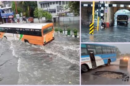Roadways bus and vehicles stranded after highway culvert collapse amid Uttarakhand Heavy Rain in Haridwar with severe flooding on city roads.