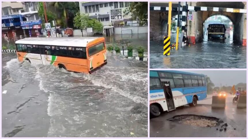 Roadways bus and vehicles stranded after highway culvert collapse amid Uttarakhand Heavy Rain in Haridwar with severe flooding on city roads.
