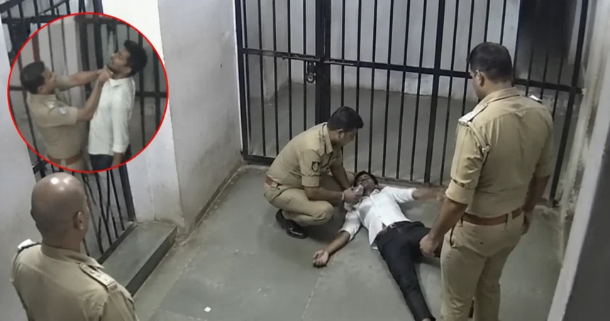 दातागंज हवालात मौत सीसीटीवी वीडियो का स्क्रीनशॉट, राजेश हवालात के गेट के पास जमीन पर