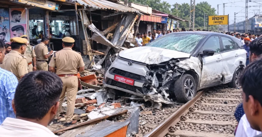 कानपुर मंधना कार हादसा में रेलवे ट्रैक पर फंसी इलेक्ट्रिक कार